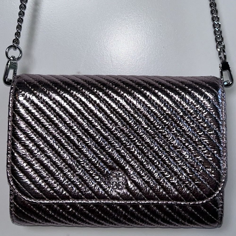 Tory Burch Sparkle Pink Emerson Metallic Quilted Chain‎ Wallet Crossbody